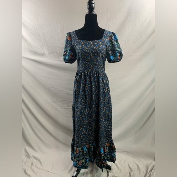 Blue Boho Ditsy Floral Print Sweetheart Neck Ruffle Hem Dress - Picture 6 of 7